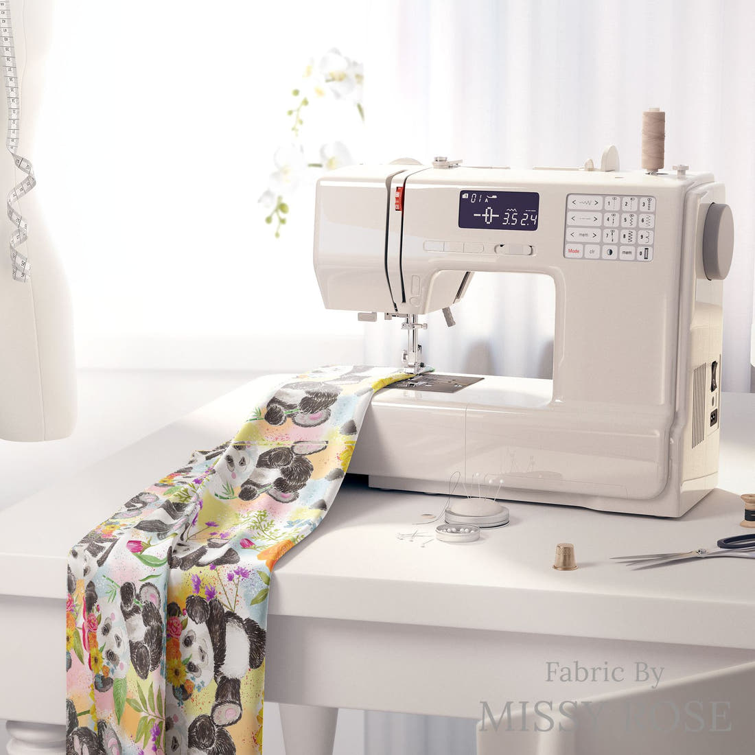 Design 1053 Floral Panda Fabric on a sewing machine – premium fabric for sewing projects | Fabric by Missy Rose