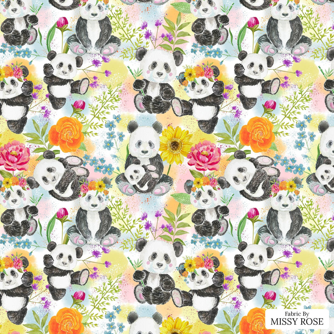 Design 1053 Floral Panda Fabric – flat view of the print, zoom in for detail | Fabric by Missy Rose