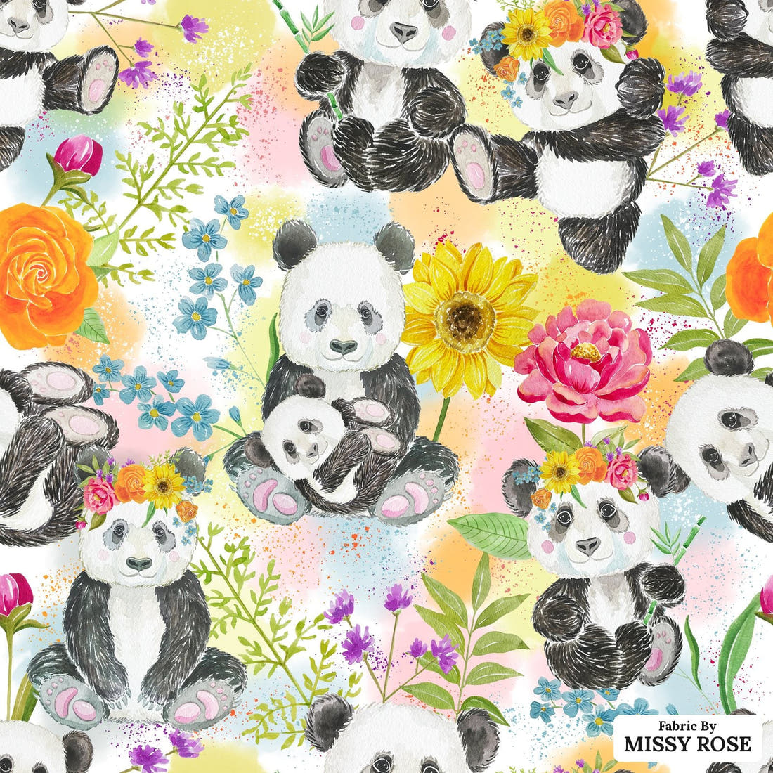 Design 1053 Floral Panda Fabric – flat view of the print, zoom in for detail | Fabric by Missy Rose
