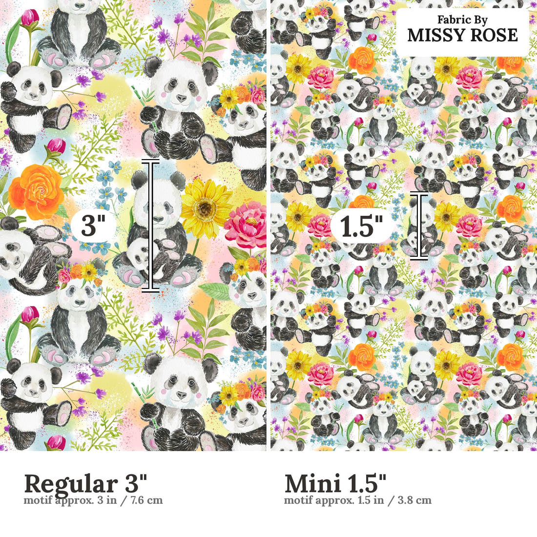 Design 1053 Floral Panda Fabric Regular 3 inch vs Mini 1.5 inch print scale side by side | Fabric by Missy Rose