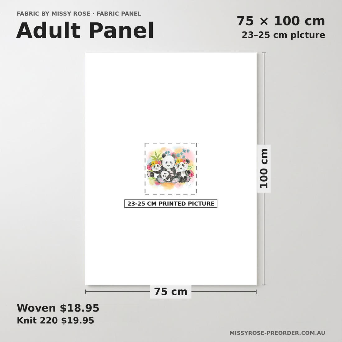 Design 1053 Floral Panda Panel adult panel sizing – 23–25 cm printed picture on 75 × 100 cm fabric | Fabric by Missy Rose