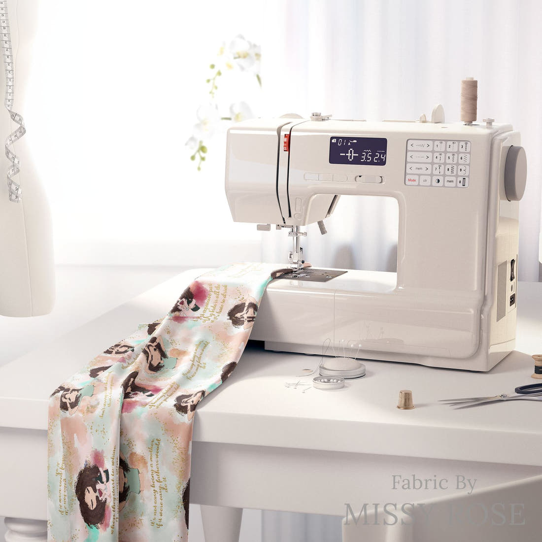 Design 1054 Joke Fabric on a sewing machine – premium fabric for sewing projects | Fabric by Missy Rose