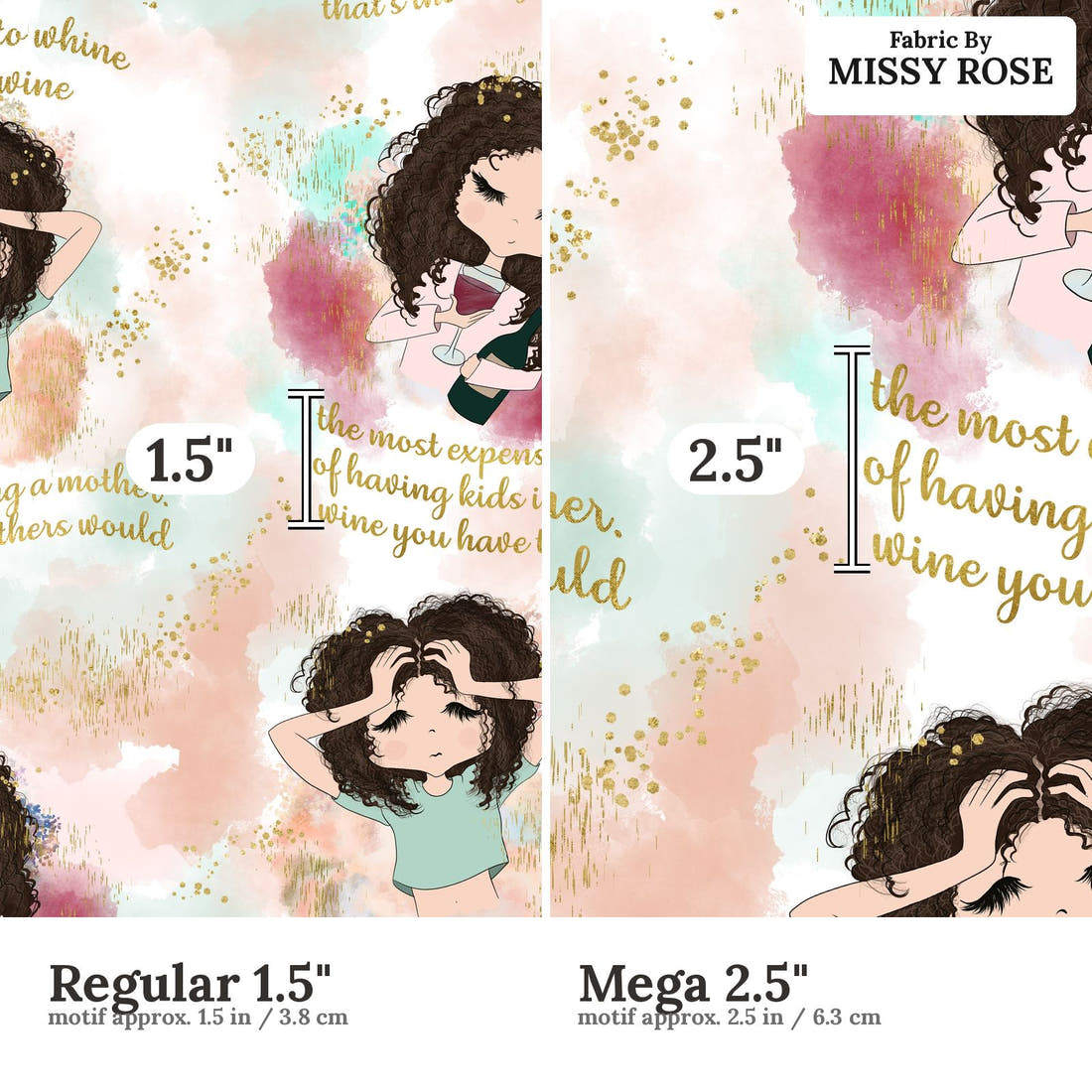 Design 1054 Joke Fabric Regular 1.5 inch vs Mega 2.5 inch print scale side by side | Fabric by Missy Rose