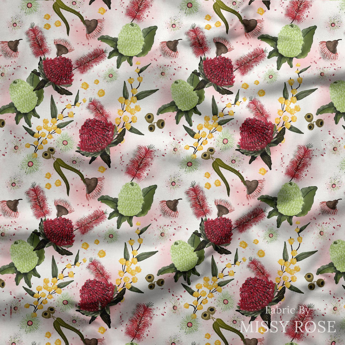 Design 1055 Australian Floral Fabric draped fabric mockup – custom printed fabric by the metre | Fabric by Missy Rose