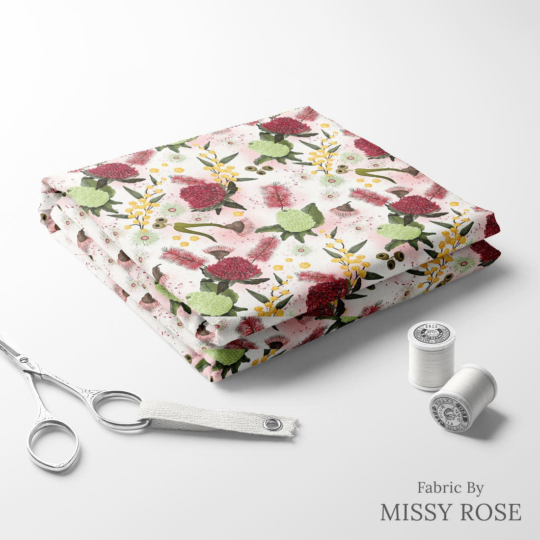 Design 1055 Australian Floral Fabric folded fabric stack with matching thread – pre-order fabric Australia | Fabric by Missy Rose