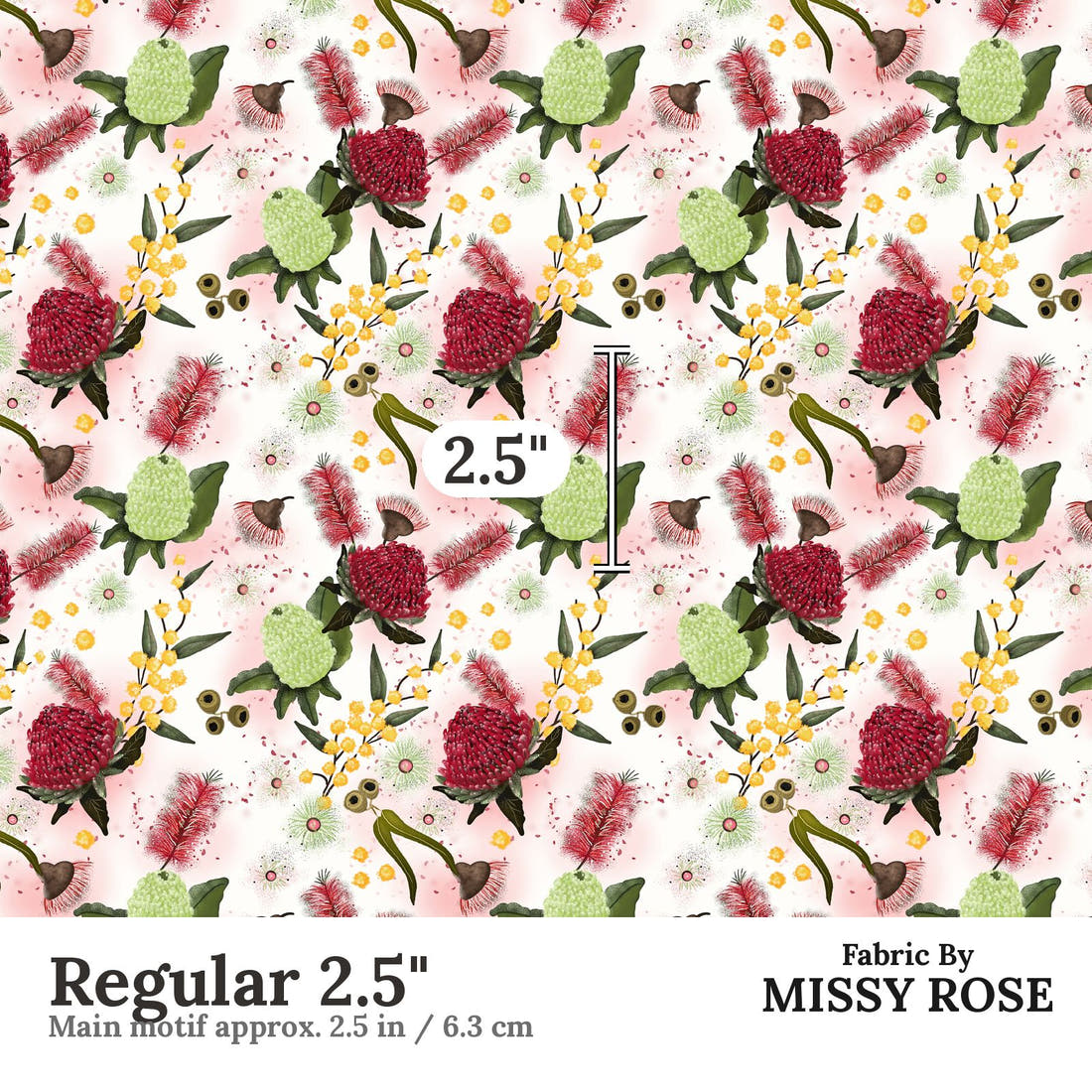 Design 1055 Australian Floral Fabric Regular 2.5 inch print scale guide | Fabric by Missy Rose