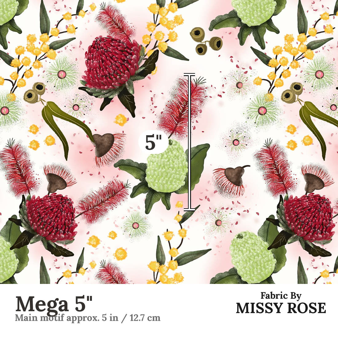Design 1055 Australian Floral Fabric Mega 5 inch print scale guide | Fabric by Missy Rose