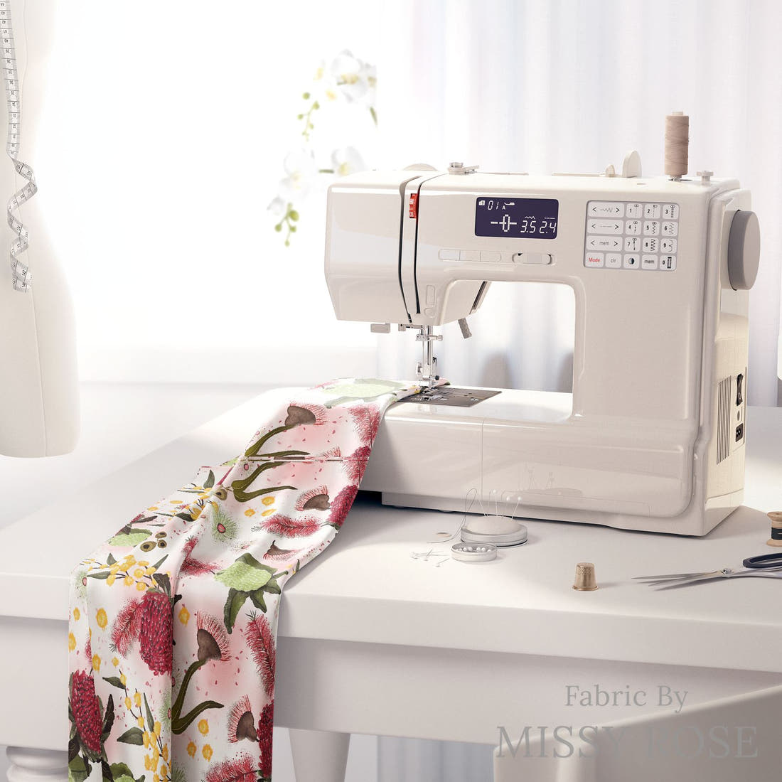 Design 1055 Australian Floral Fabric on a sewing machine – premium fabric for sewing projects | Fabric by Missy Rose