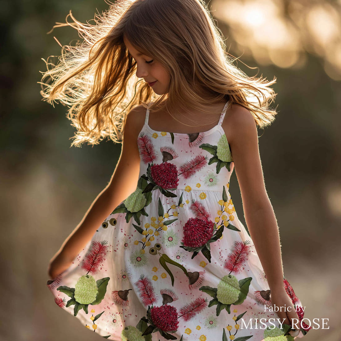 Design 1055 Australian Floral Fabric sewn into a girls' dress – see how the print looks made up | Fabric by Missy Rose