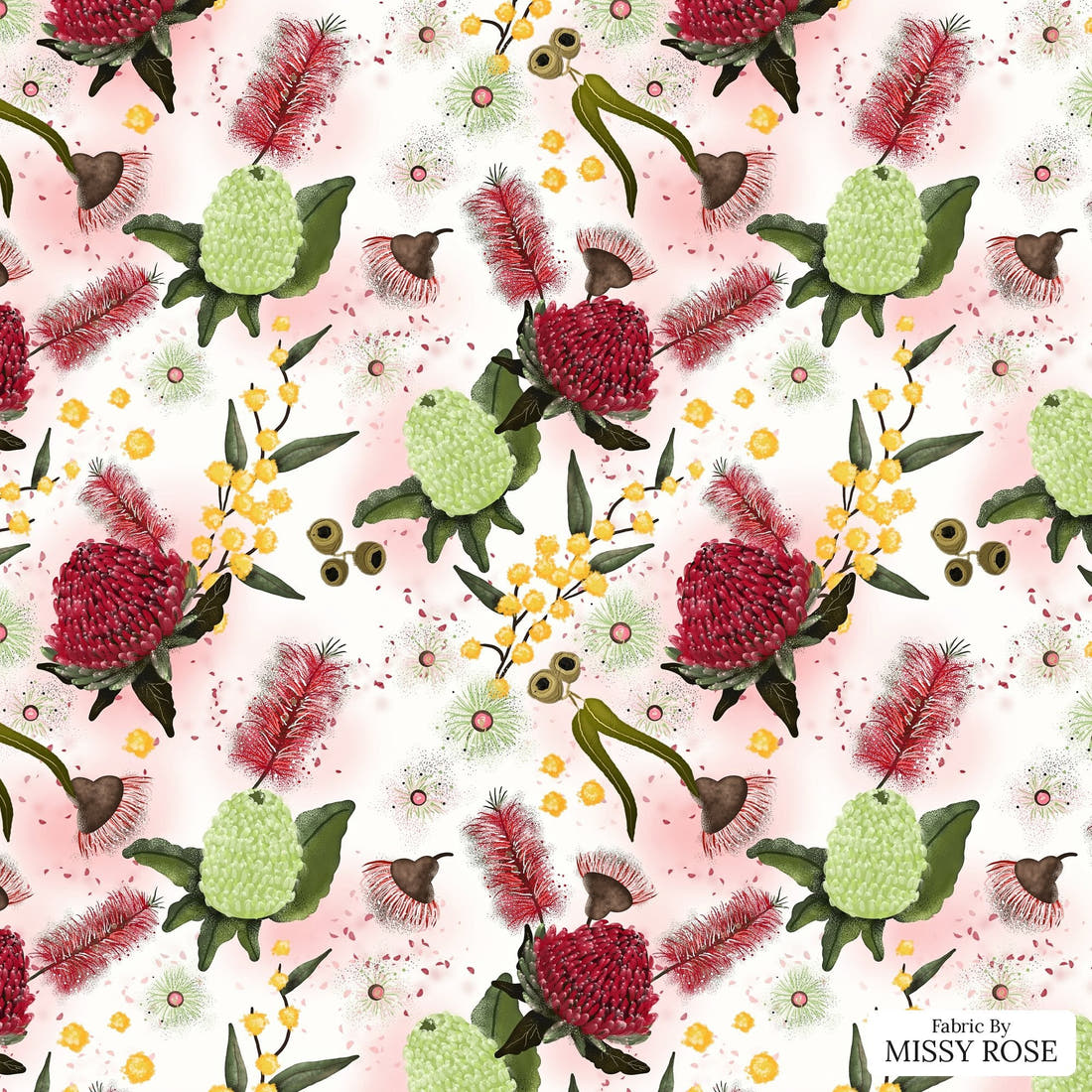 Design 1055 Australian Floral Fabric – flat view of the print, zoom in for detail | Fabric by Missy Rose