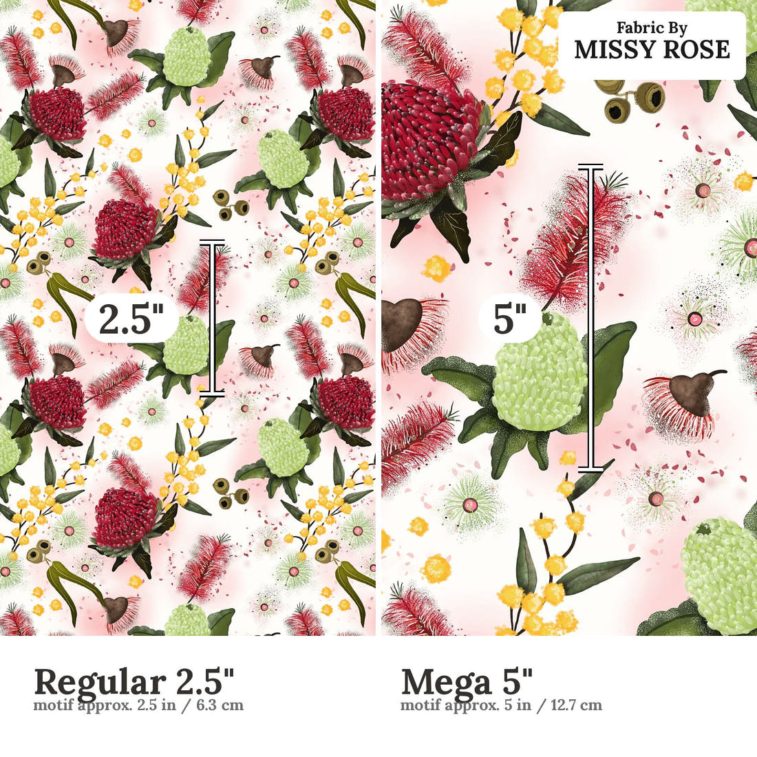 Design 1055 Australian Floral Fabric Regular 2.5 inch vs Mega 5 inch print scale side by side | Fabric by Missy Rose