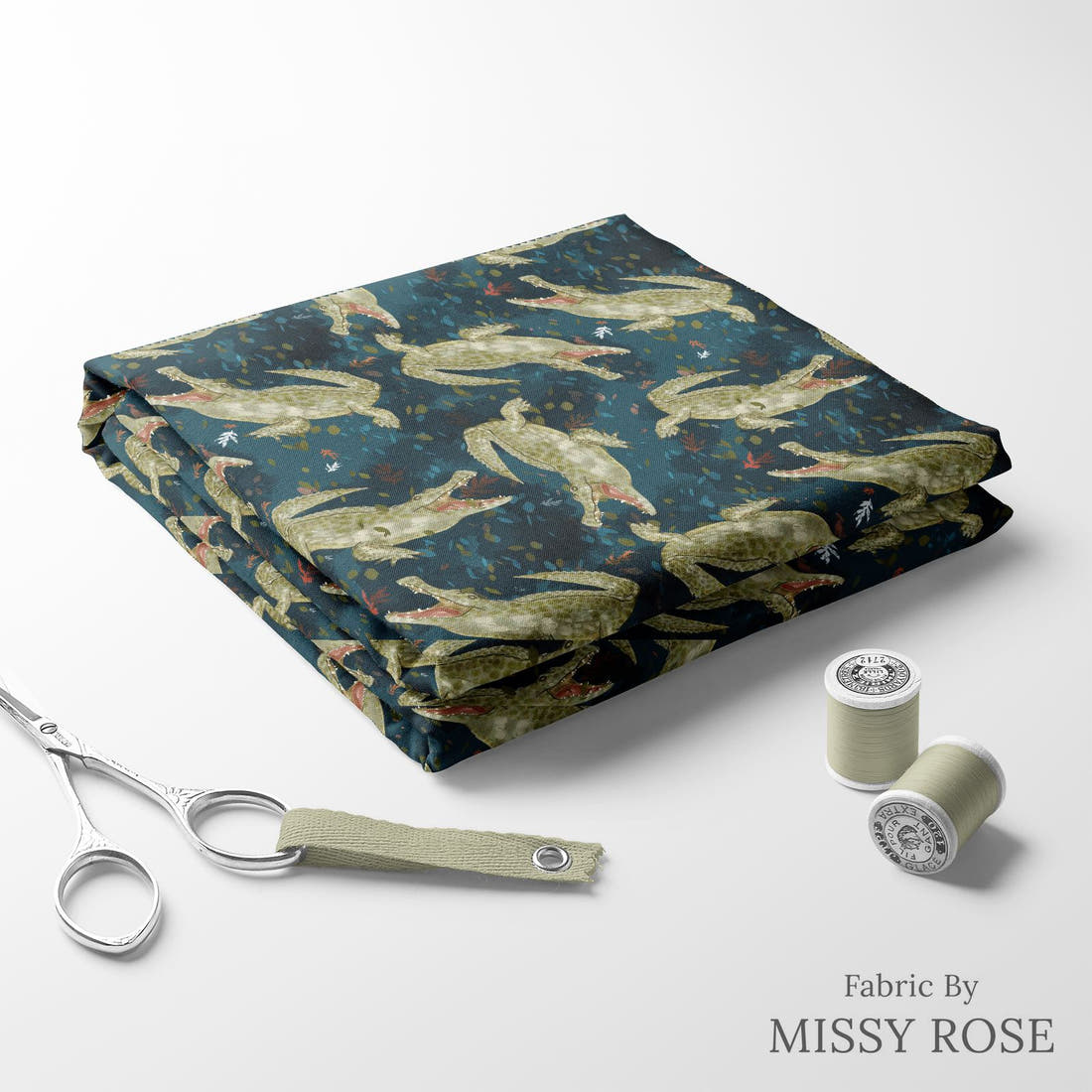 Design 1056 Crocodile Fabric folded fabric stack with matching thread – pre-order fabric Australia | Fabric by Missy Rose