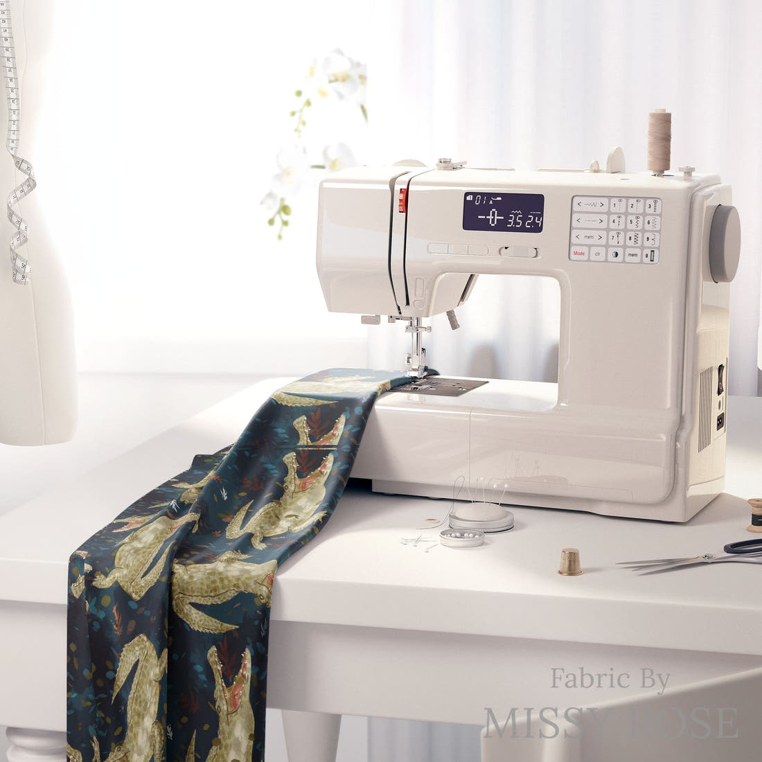 Design 1056 Crocodile Fabric on a sewing machine – premium fabric for sewing projects | Fabric by Missy Rose