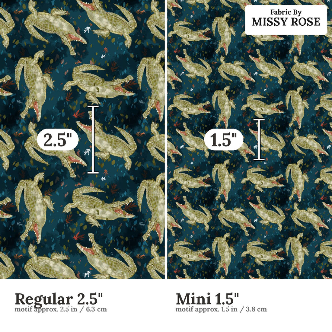 Design 1056 Crocodile Fabric Regular 2.5 inch vs Mini 1.5 inch print scale side by side | Fabric by Missy Rose