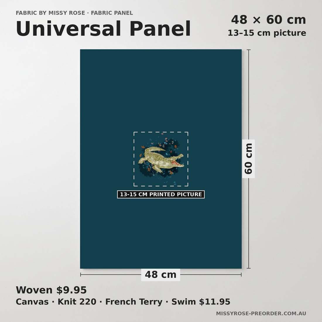 Design 1056 Crocodile Panel universal panel sizing – 13–15 cm printed picture on 48 × 60 cm fabric | Fabric by Missy Rose