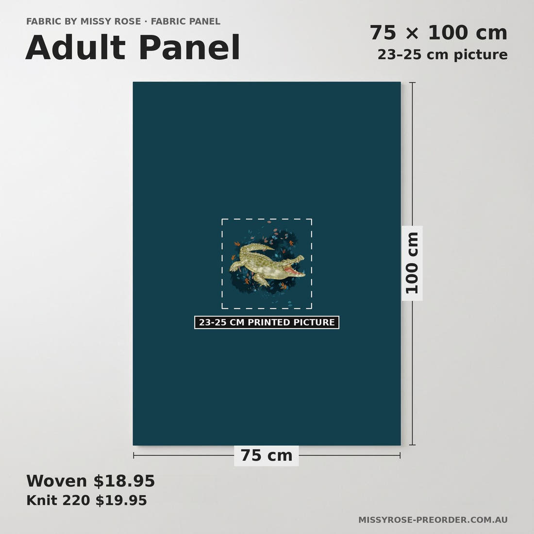 Design 1056 Crocodile Panel adult panel sizing – 23–25 cm printed picture on 75 × 100 cm fabric | Fabric by Missy Rose
