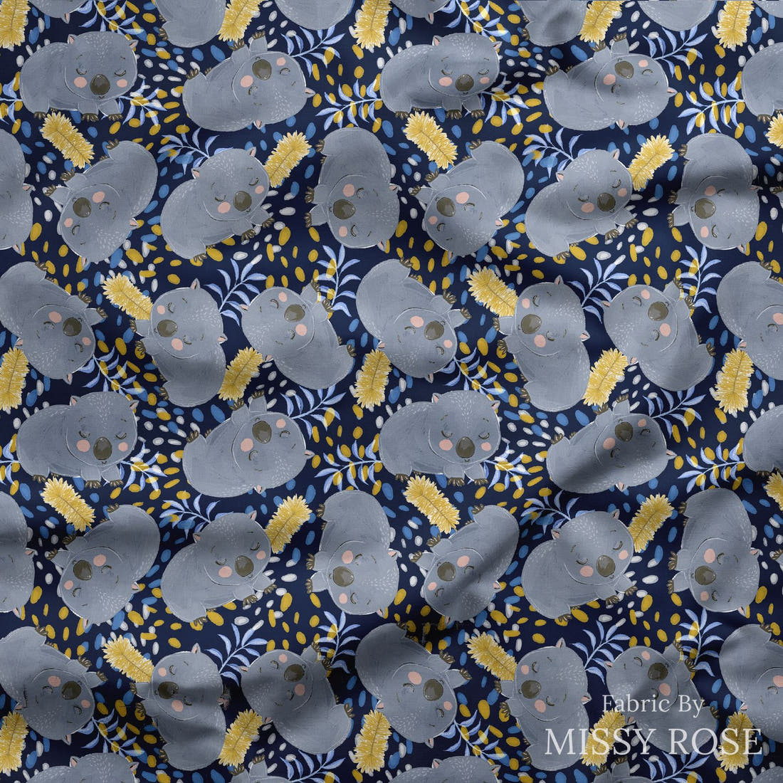 Design 1057 Navy Wombat Fabric draped fabric mockup – custom printed fabric by the metre | Fabric by Missy Rose