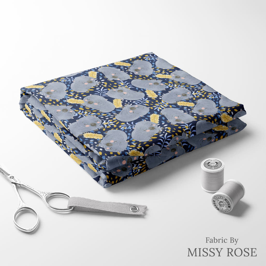 Design 1057 Navy Wombat Fabric folded fabric stack with matching thread – pre-order fabric Australia | Fabric by Missy Rose