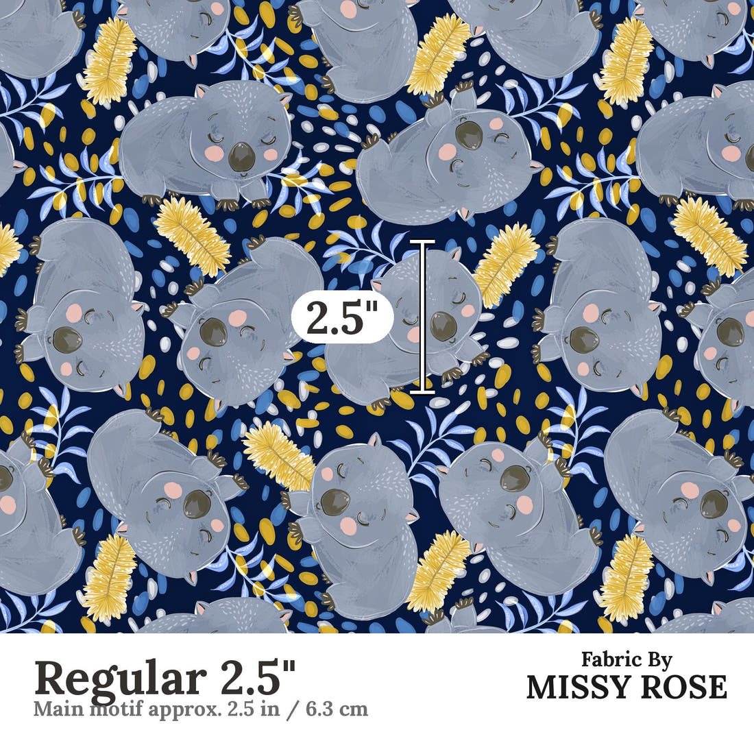 Design 1057 Navy Wombat Fabric Regular 2.5 inch print scale guide | Fabric by Missy Rose