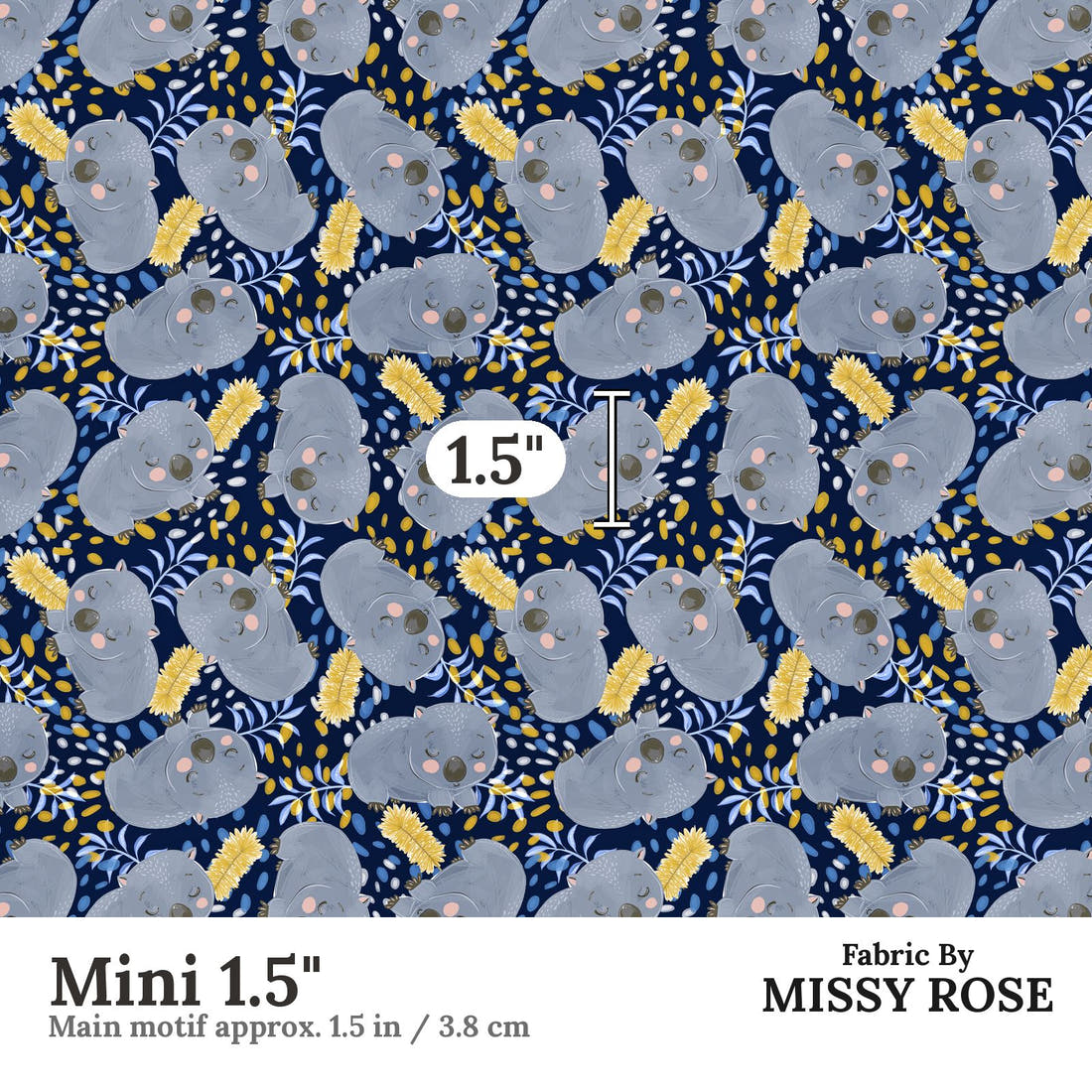 Design 1057 Navy Wombat Fabric Mini 1.5 inch print scale guide | Fabric by Missy Rose