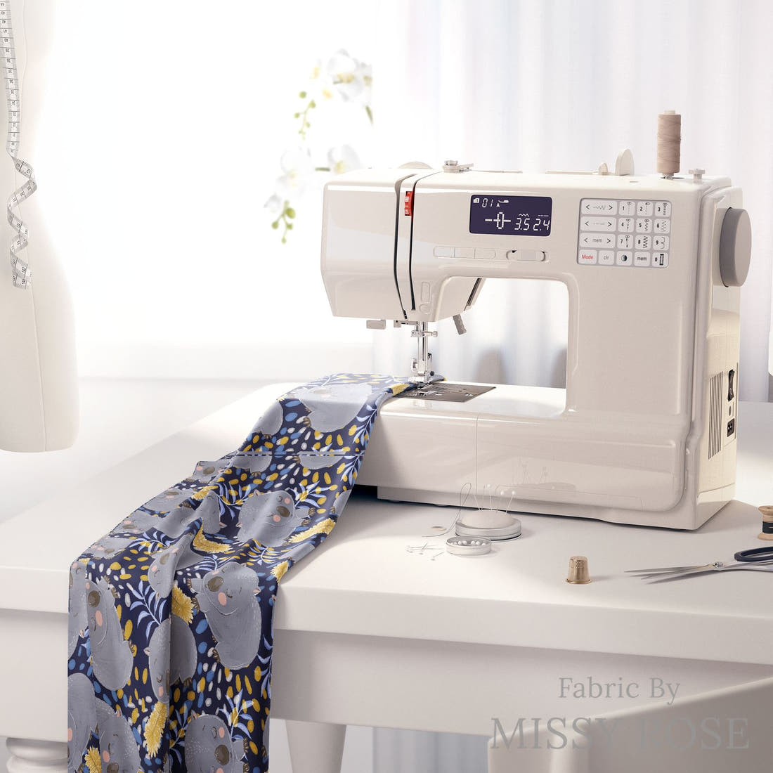Design 1057 Navy Wombat Fabric on a sewing machine – premium fabric for sewing projects | Fabric by Missy Rose