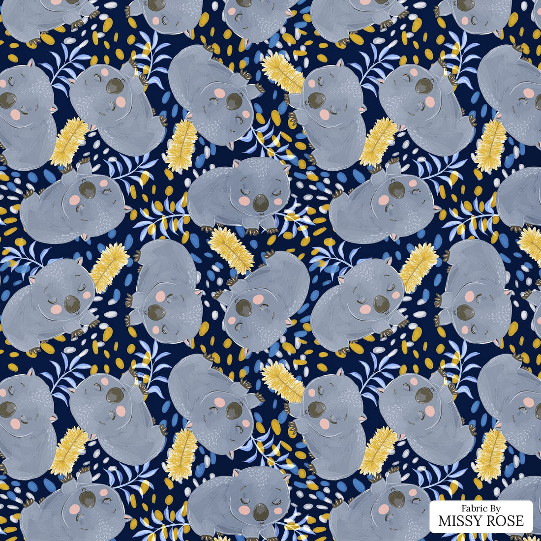 Design 1057 Navy Wombat Fabric – flat view of the print, zoom in for detail | Fabric by Missy Rose