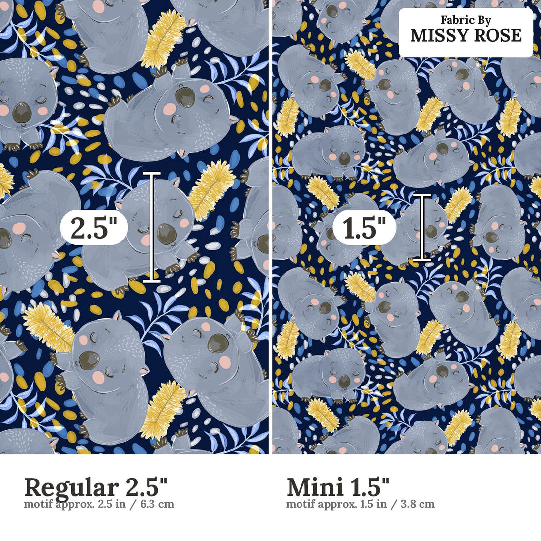 Design 1057 Navy Wombat Fabric Regular 2.5 inch vs Mini 1.5 inch print scale side by side | Fabric by Missy Rose