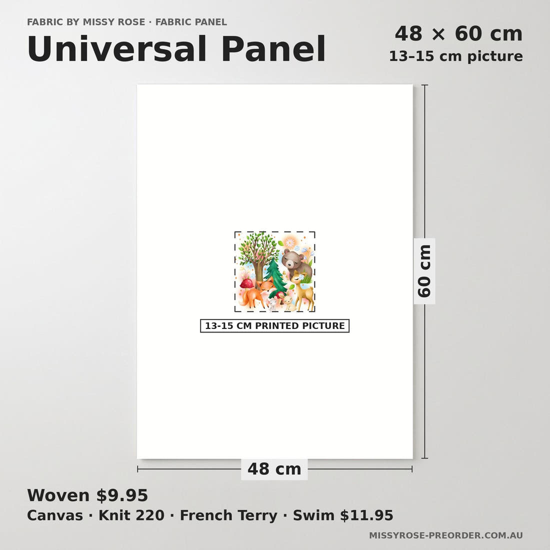 Design 1058 Woodlands Panel universal panel sizing – 13–15 cm printed picture on 48 × 60 cm fabric | Fabric by Missy Rose