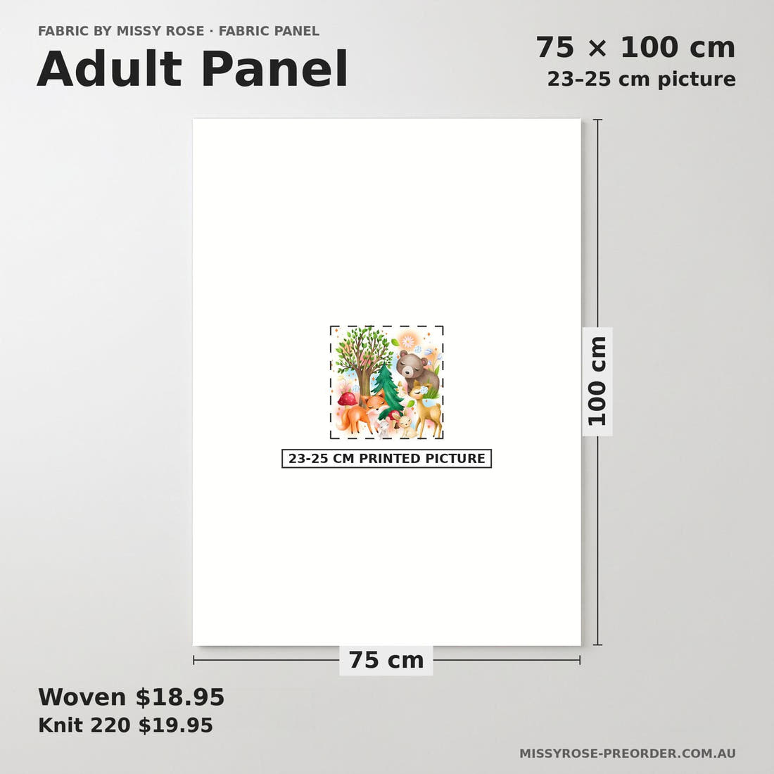 Design 1058 Woodlands Panel adult panel sizing – 23–25 cm printed picture on 75 × 100 cm fabric | Fabric by Missy Rose