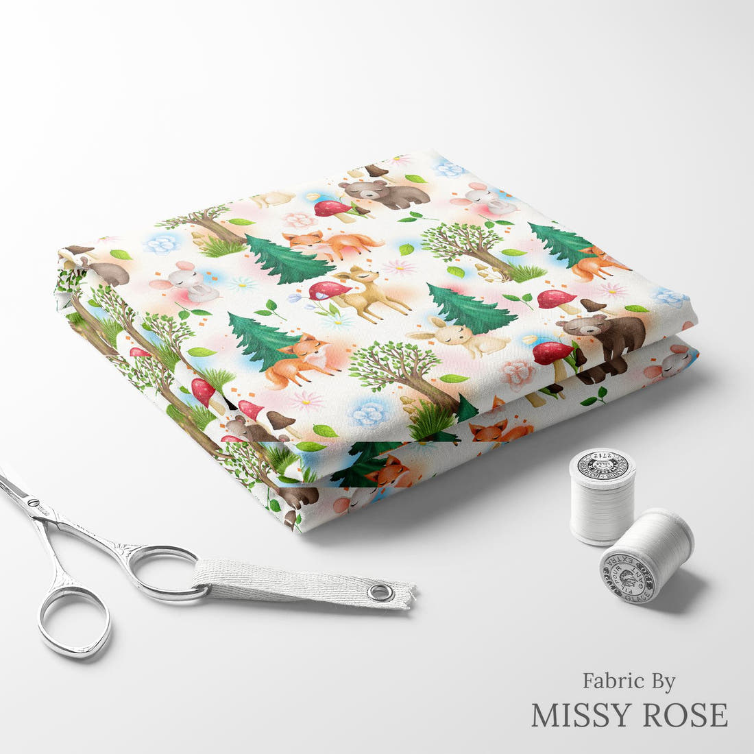 Design 1058 Woodlands Fabric folded fabric stack with matching thread – pre-order fabric Australia | Fabric by Missy Rose