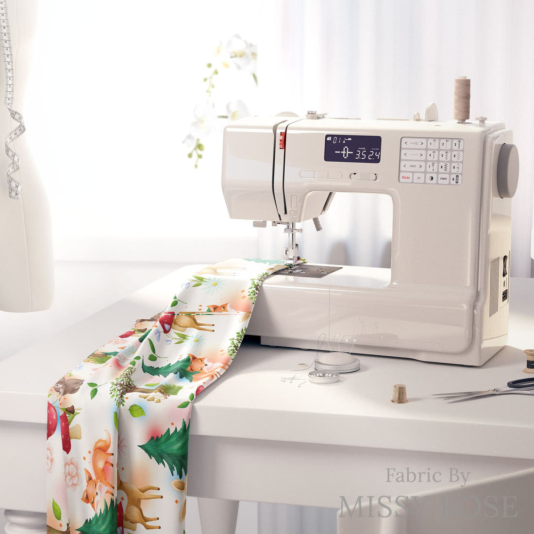 Design 1058 Woodlands Fabric on a sewing machine – premium fabric for sewing projects | Fabric by Missy Rose