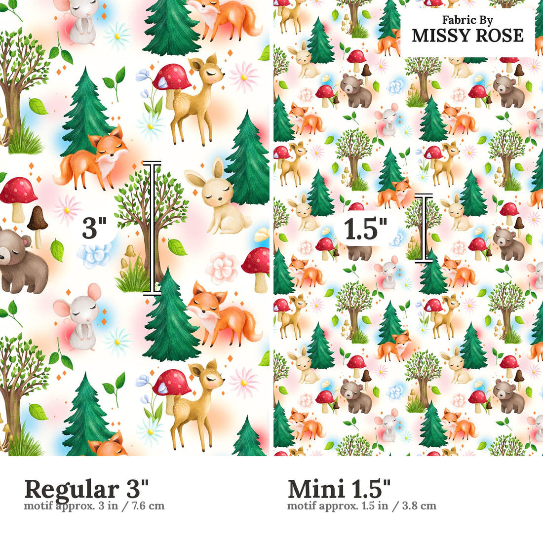 Design 1058 Woodlands Fabric Regular 3 inch vs Mini 1.5 inch print scale side by side | Fabric by Missy Rose