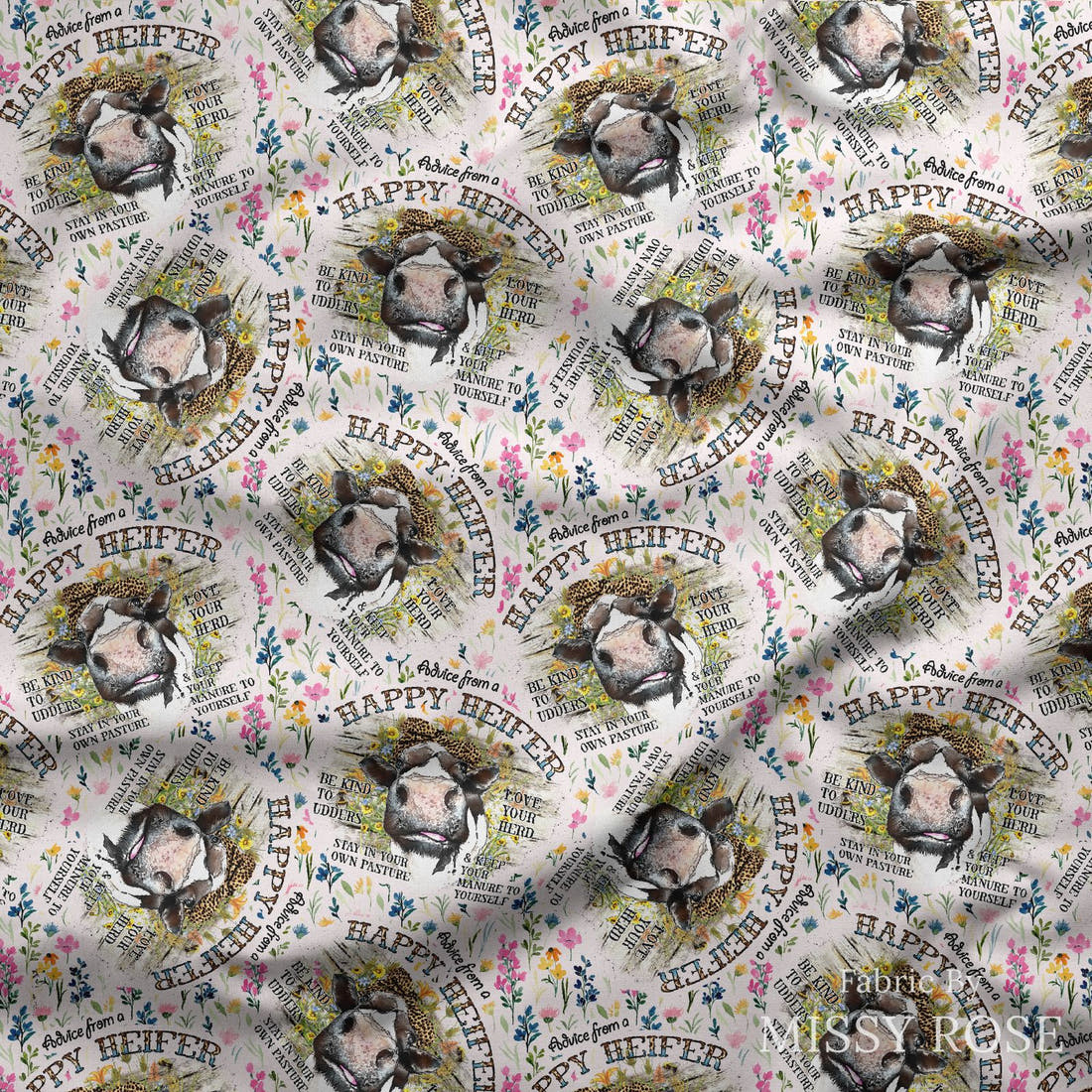 Design 106 Happy Heifer Fabric draped fabric mockup – custom printed fabric by the metre | Fabric by Missy Rose