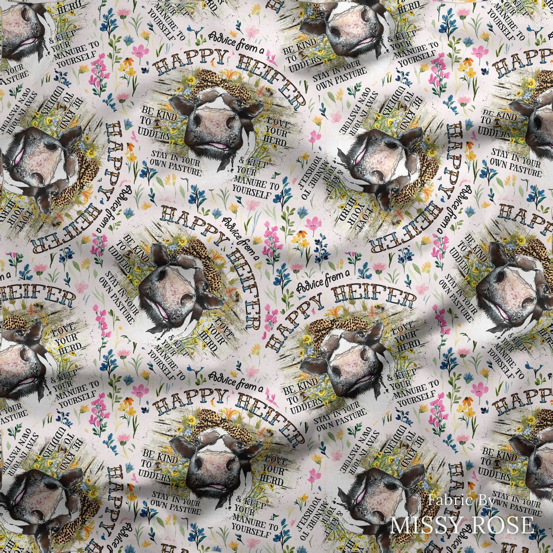 Design 106 Happy Heifer Fabric draped fabric mockup – custom printed fabric by the metre | Fabric by Missy Rose