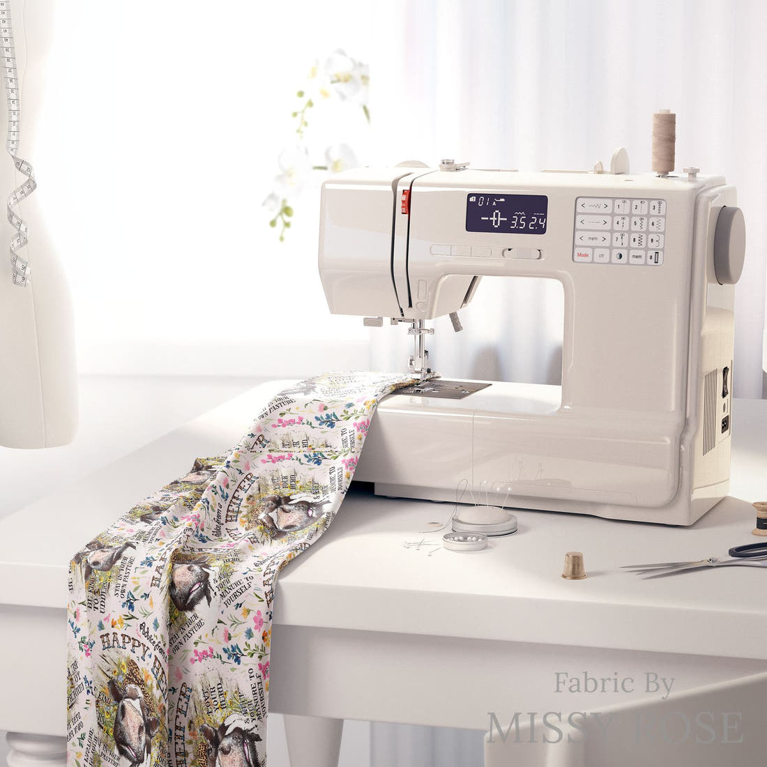 Design 106 Happy Heifer Fabric on a sewing machine – premium fabric for sewing projects | Fabric by Missy Rose