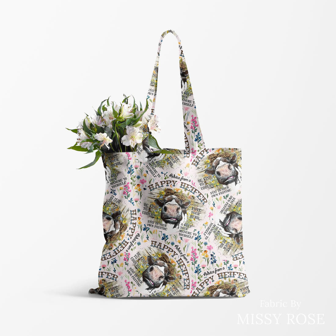Design 106 Happy Heifer Fabric made up as a tote bag – see how the print looks made up | Fabric by Missy Rose