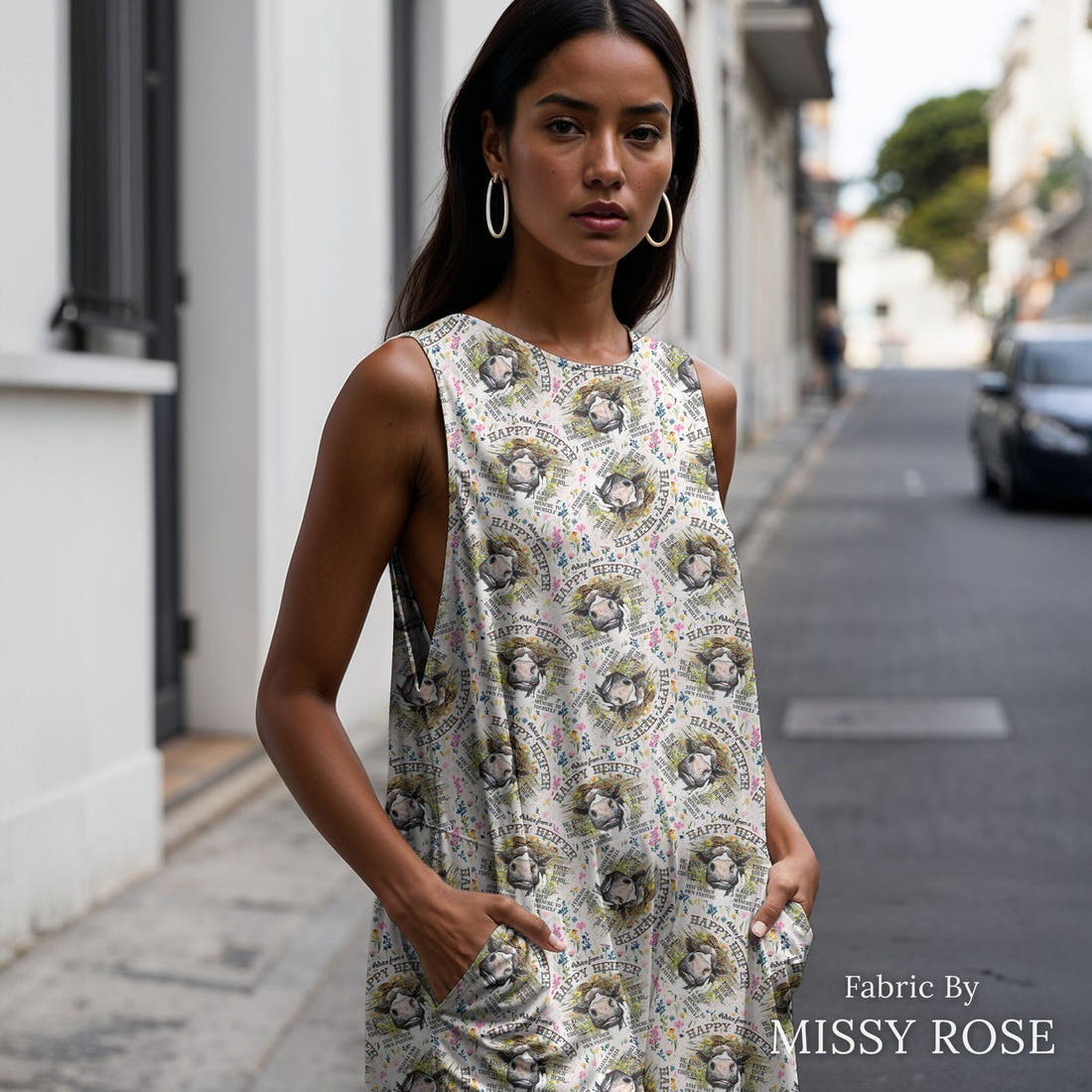 Design 106 Happy Heifer Fabric sewn into a women's jumpsuit – see how the print looks made up | Fabric by Missy Rose