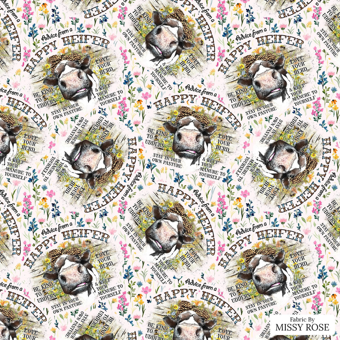 Design 106 Happy Heifer Fabric - flat view of the print, zoom in for detail | Fabric by Missy Rose