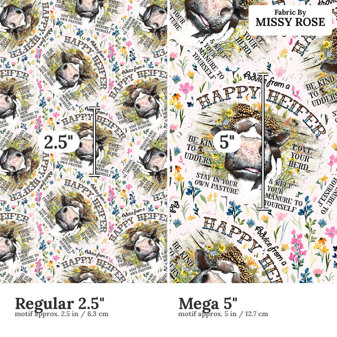 Design 106 Happy Heifer Fabric size comparison - print scale | Fabric by Missy Rose