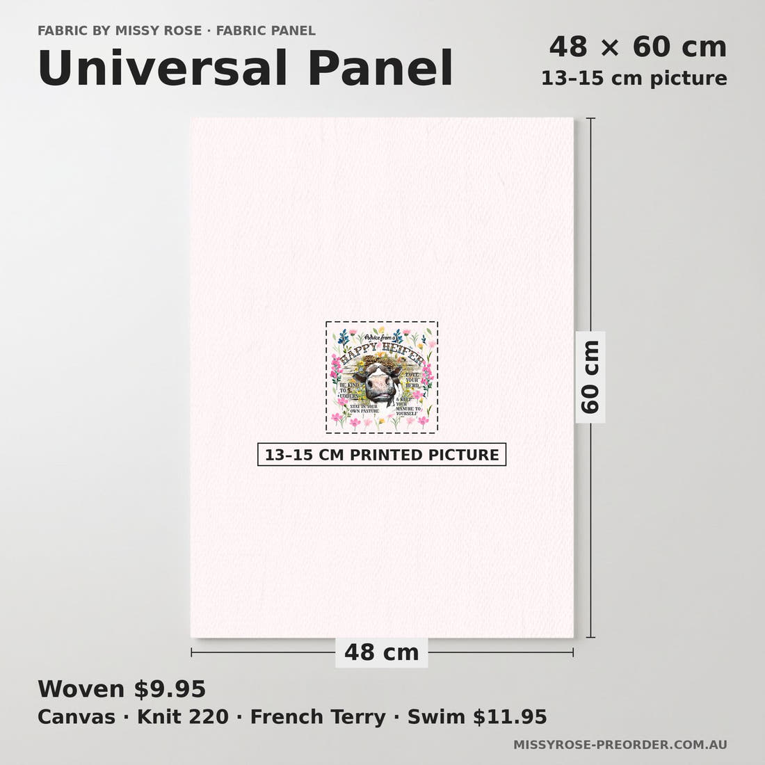 Design 106 Happy Heifer Panel universal panel sizing – 13–15 cm printed picture on 48 × 60 cm fabric | Fabric by Missy Rose