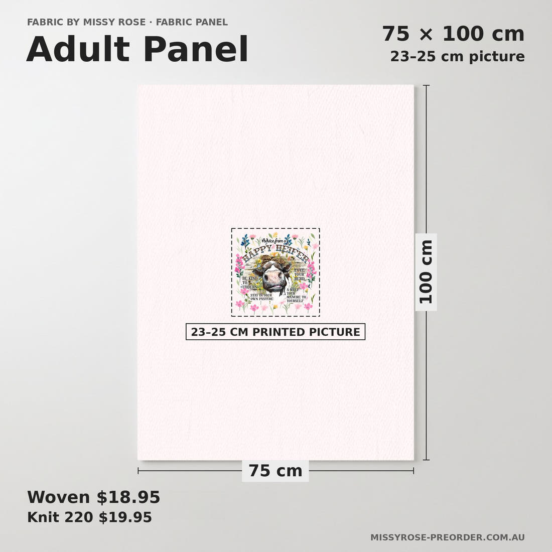 Design 106 Happy Heifer Panel adult panel sizing – 23–25 cm printed picture on 75 × 100 cm fabric | Fabric by Missy Rose