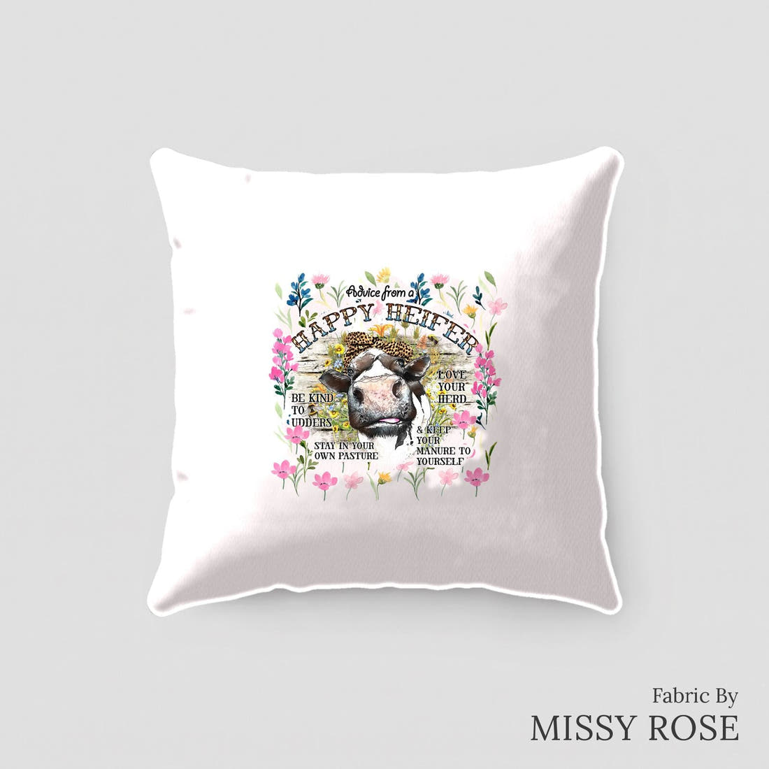 Design 106 Happy Heifer Panel sewn into a cushion – see how the panel looks made up | Fabric by Missy Rose