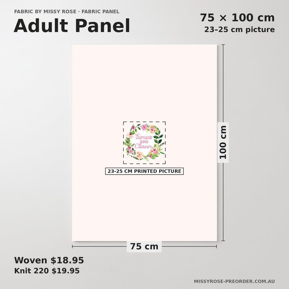 Design 1060 Screw Cancer Panel adult panel sizing – 23–25 cm printed picture on 75 × 100 cm fabric | Fabric by Missy Rose