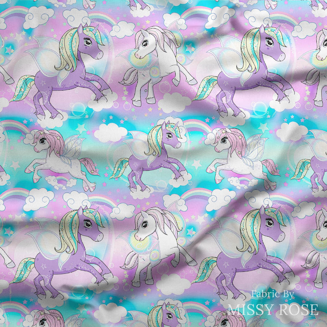 Design 1061 Unicorn Fabric draped fabric mockup – custom printed fabric by the metre | Fabric by Missy Rose