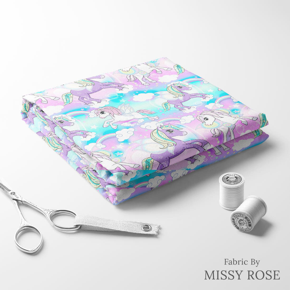 Design 1061 Unicorn Fabric folded fabric stack with matching thread – pre-order fabric Australia | Fabric by Missy Rose