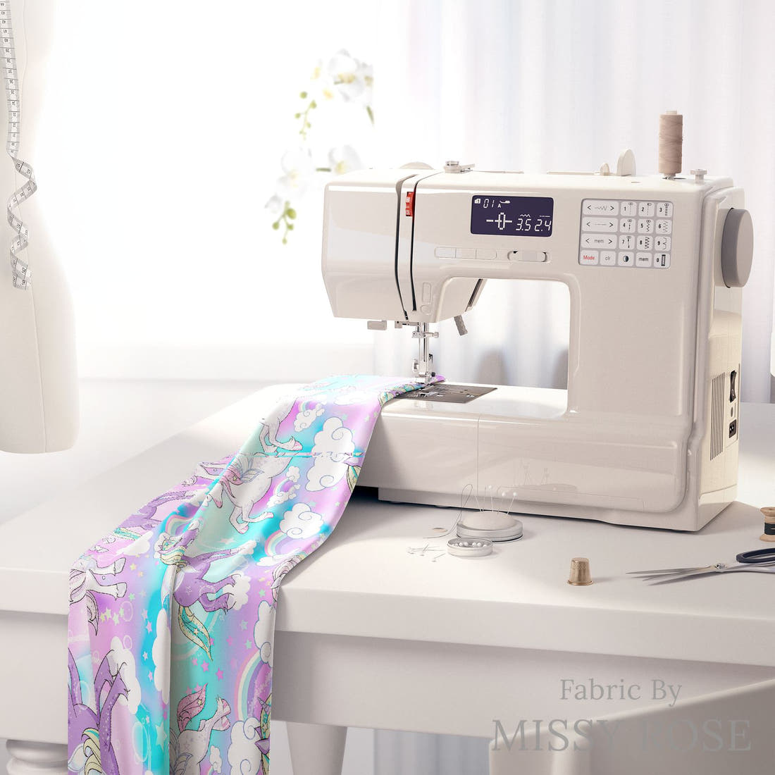 Design 1061 Unicorn Fabric on a sewing machine – premium fabric for sewing projects | Fabric by Missy Rose