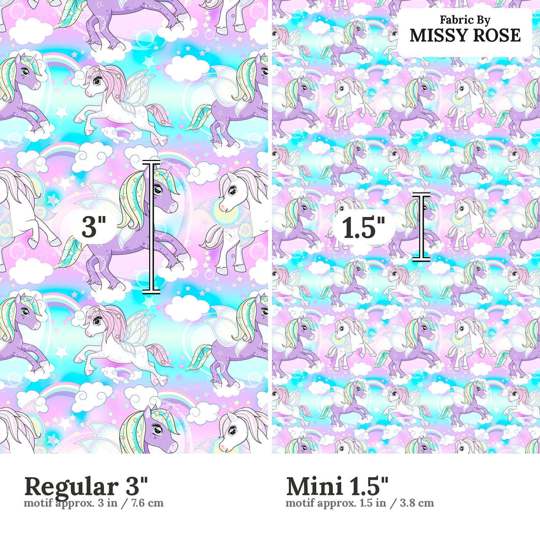 Design 1061 Unicorn Fabric Regular 3 inch vs Mini 1.5 inch print scale side by side | Fabric by Missy Rose