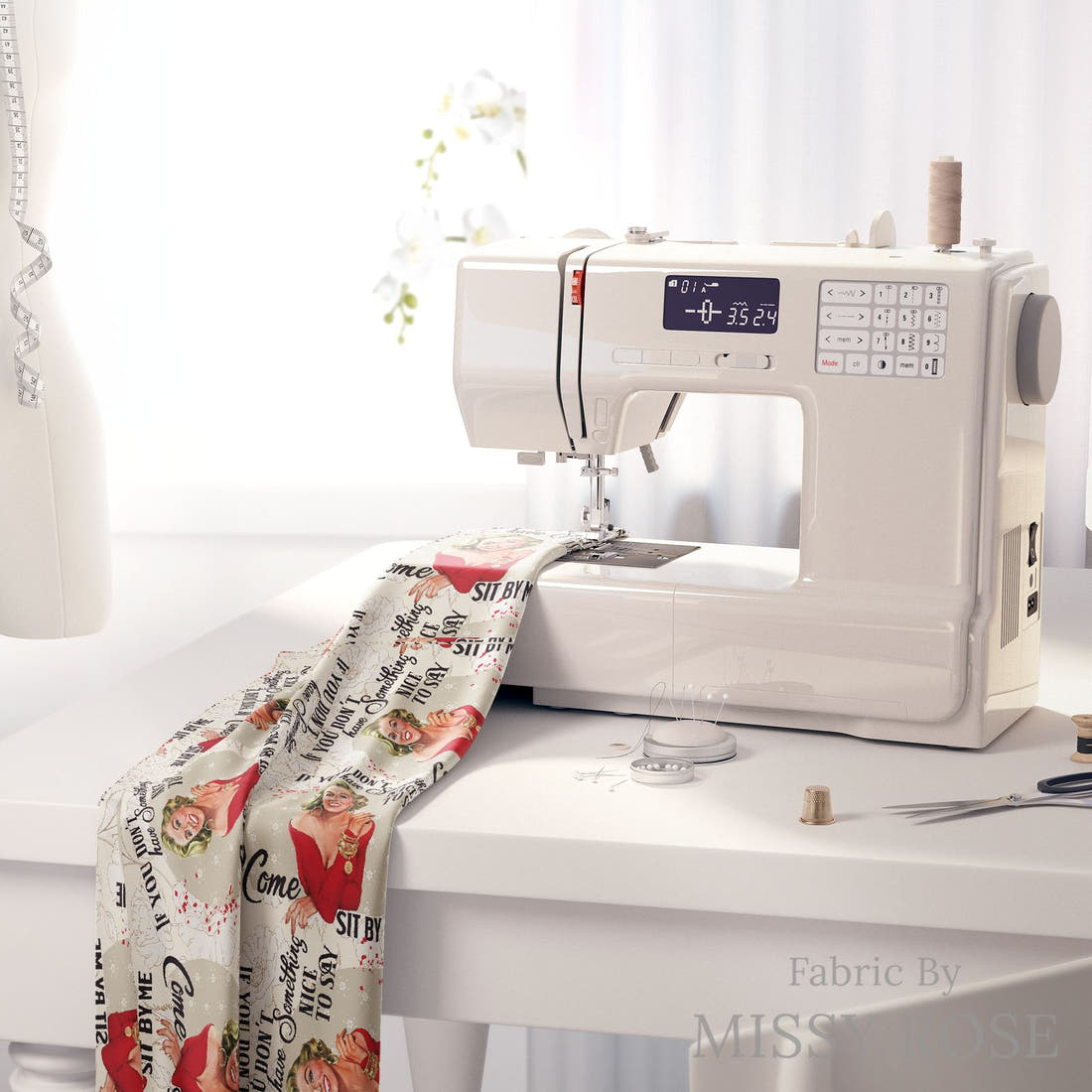 Design 1062 Funny Retro Fabric on a sewing machine – premium fabric for sewing projects | Fabric by Missy Rose