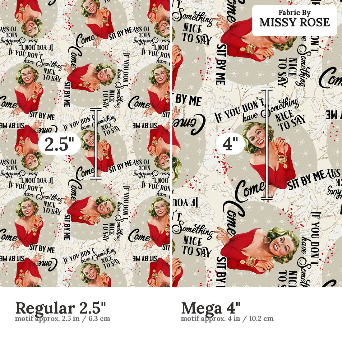 Design 1062 Funny Retro Fabric Regular 2.5 inch vs Mega 4 inch print scale side by side | Fabric by Missy Rose