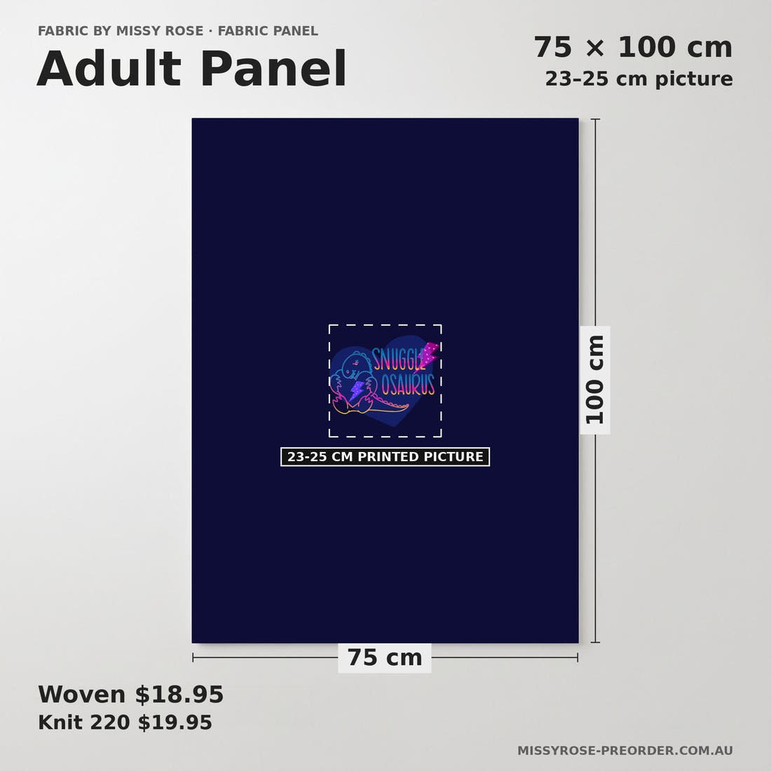 Design 1063 Snugglosaurus Panel adult panel sizing – 23–25 cm printed picture on 75 × 100 cm fabric | Fabric by Missy Rose